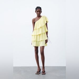 Zara yellow ruffle one shoulder dress